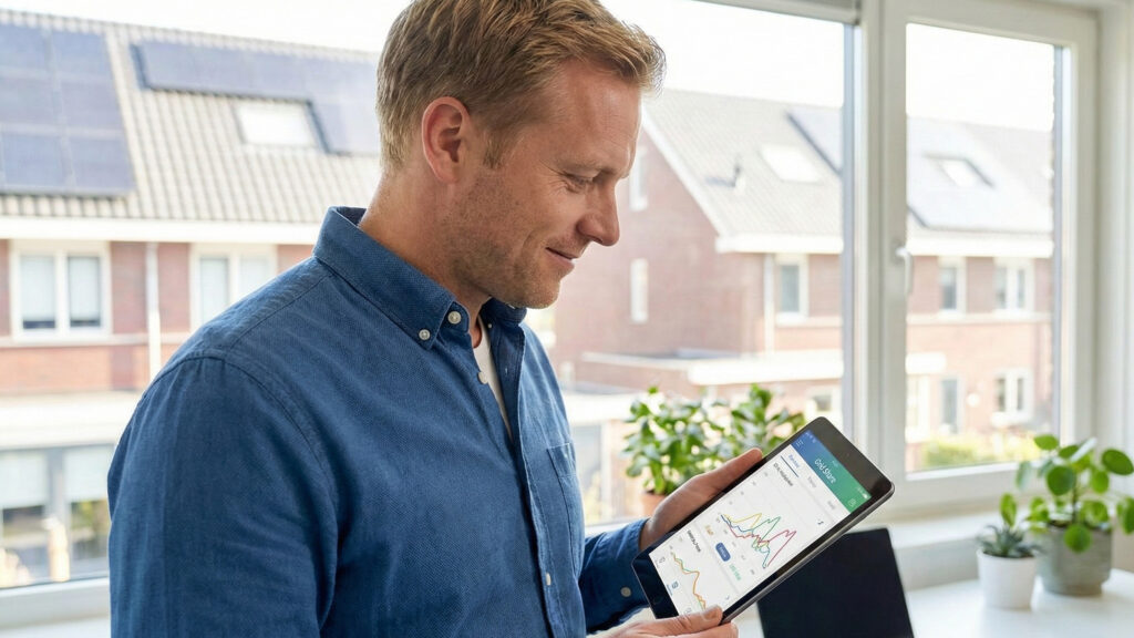 Man bekijkt energie-app op tablet - thuisbatterij als onderdeel van slim energienetwerk