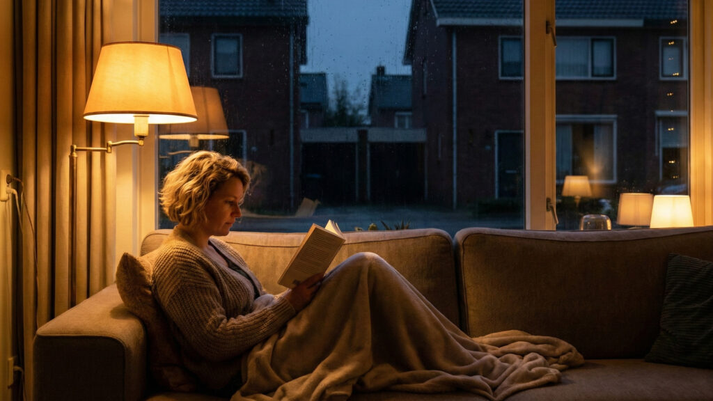 Vrouw leest rustig in verlichte woonkamer terwijl buurt zonder stroom zit