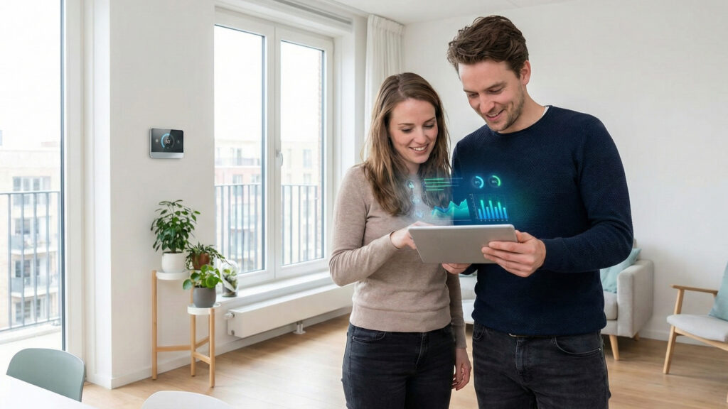 Jong stel bekijkt smart home energiedisplay - toekomst van thuisbatterijen Title: Toekomst Thuisbatterij Smart Home