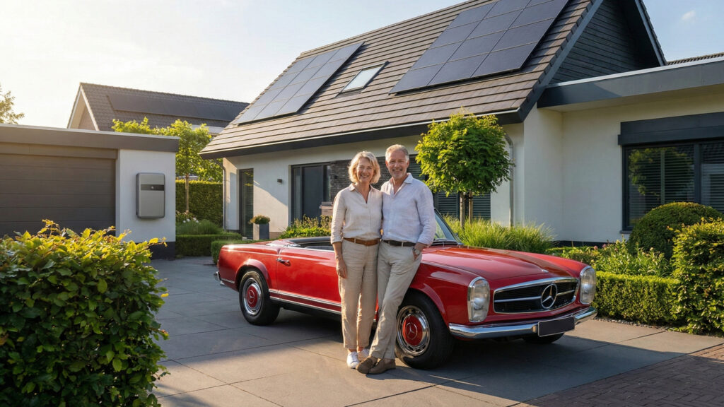 Welvarend echtpaar geniet van financiële vrijheid voor hun villa met zonnepanelen en thuisbatterij – rode oldtimer cabrio op de oprit
