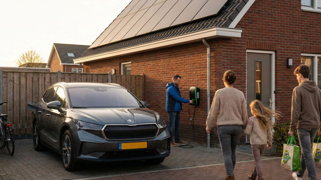 Nederlands gezin bij hun huis met zonnepanelen en elektrische auto - slim investeren na afschaffen saldering