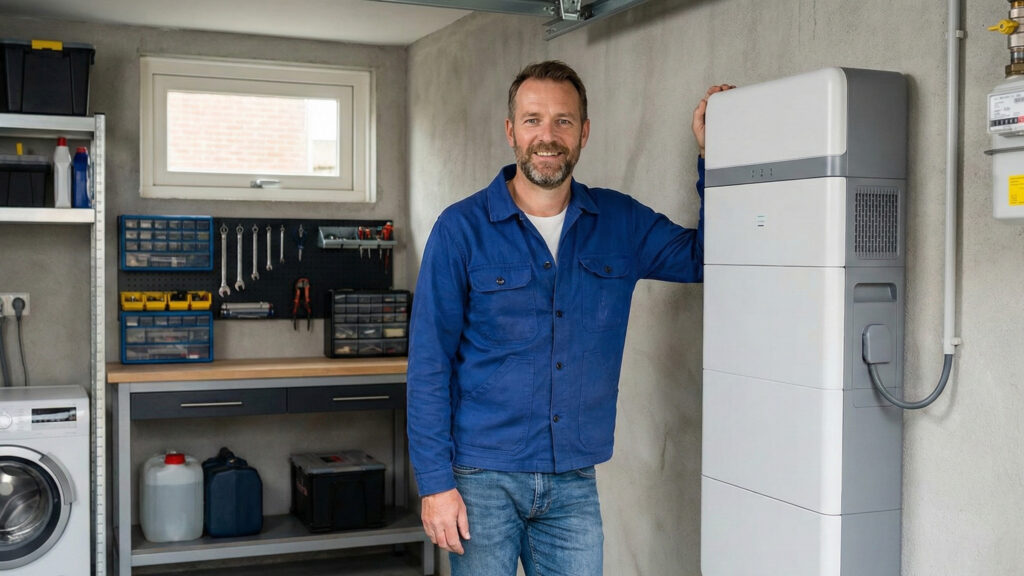 Man bij thuisbatterij in garage zonder zonnepanelen - BTW teruggave dynamisch contract